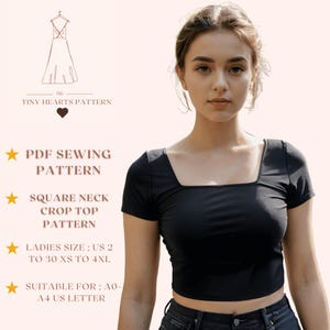 Patrón de top corto con escote cuadrado, patrón de costura para mujer, patrón de costura de camiseta, patrón de costura fácil, patrón de top tipo corsé A0 A4 Carta de EE. UU. - EE. UU. 2 a 30
