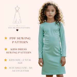 Patrón de costura de vestido para niños / Patrón de costura de vestido para bebé / Patrón de vestido para niños de manga larga / Patrón de vestido para niñas / Tamaño carta A0 A4 de EE. UU., 2 a 16 años