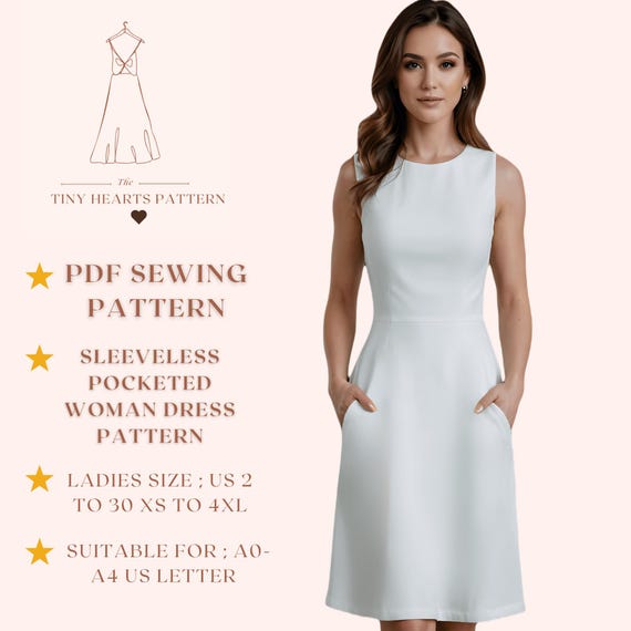 Sleeveless Pocketed Woman Dress Pattern, Women Dress Sewing Patterns, Prom Dresses, Size:US2-30 | A0-A4-USLETTER |