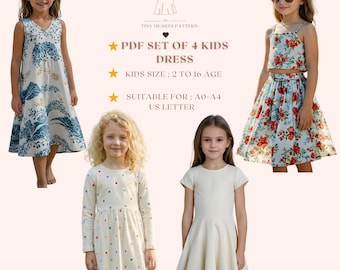 PDF Set Of 4 Kids Dress Pattern, Girls Dress Sewing Patterns, Size:2-16Age | A0-A4-USLETTER |