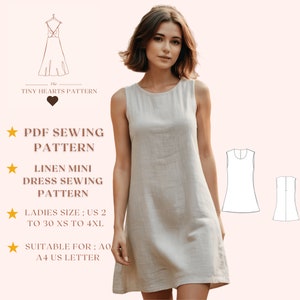 Patrón de costura de minivestido de lino, patrón de vestido elegante, vestido de verano, patrón de vestido camisero, patrón de costura de vestido de mujer A0 A4 Carta de EE. UU. - EE. UU. 2 a 30