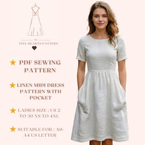 Linen Midi Dress Pattern With Pocket, Women Dress Sewing Patterns, Size:US2-30 | A0-A4-USLETTER |