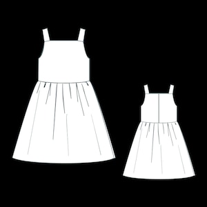 May include: Line drawing of two white dresses with square necklines and wide straps. The dresses have gathered skirts, with one dress larger than the other. The dresses are set against a black background.