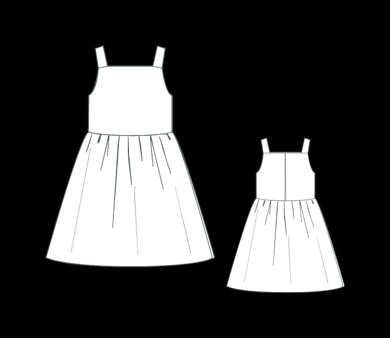 May include: Line drawing of two white dresses with square necklines and wide straps. The dresses have gathered skirts, with one dress larger than the other. The dresses are set against a black background.
