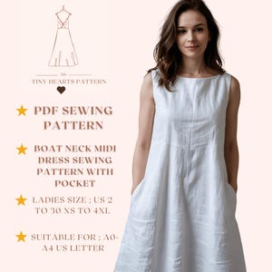 U-Boot-Ausschnitt Midi Kleid Schnittmuster mit Tasche,Frauen Kleid Schnittmuster,Sommer Kleid Schnittmuster,Leinen Kleid Schnittmuster A0 A4 US Letter-US 2to30