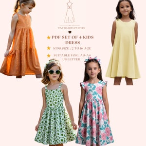 Conjunto de 4 vestidos para niños en formato PDF, paquete de patrones de verano para niños, patrón de costura de vestidos para niños, patrón de costura de vestidos para niñas, tamaño A0, A4, carta de EE. UU., talla de niña de 2 a 16 años