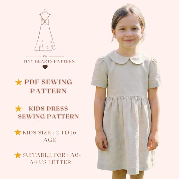 Kids Dress Sewing Pattern, Girls Sewing Patterns, Peter Pan Toddler Dresses, Size:2-16Age | A0-A4-USLETTER |