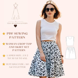 Patrón de conjunto de falda y top corto para mujer, patrón de costura de falda para mujer, patrón de top corto para mujer, patrón de camiseta sin mangas A0 A4 Carta de EE. UU. - EE. UU. 2 a 30
