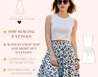 May include: A woman wearing a white crop top and a black and white floral print skirt. The image also includes a PDF sewing pattern for a woman's crop top and skirt set, available in sizes US 2 to 30 XS to 4XL. The pattern is suitable for A0-A4 US letter paper.