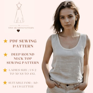 Padrão de costura de blusa de gola redonda profunda | Padrão de costura feminina | Padrão de costura de blusa | Padrão de blusa de linho | Padrão de PDF A0 A4 Carta dos EUA EUA 2 a 30