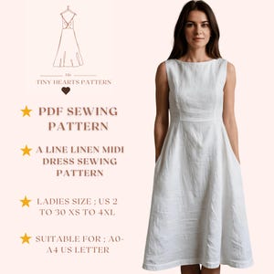 Linen Midi Dress Sewing Pattern: Boat Neck A-Line (PDF Pattern, US 2-30, XS-4XL)