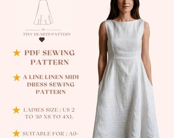 A-Linie Leinen Midi Kleid Schnittmuster, Frauen Kleid Muster, Herbst Kleider, Größe:US 2-30 | A0-A4 USLETTER |