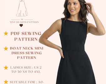 Boat Neck A-Line Mini Dress Sewing Pattern, Women Dress Patterns, Size:US2-30 PDF | A0-A4-USLETTER |