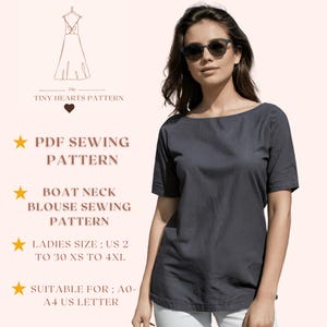 Padrão de costura de blusa com decote canoa | Padrão de costura de blusa | Padrão de costura feminina | Padrão em PDF | Padrão de costura de camiseta A0 A4 Carta dos EUA EUA 2 a 30