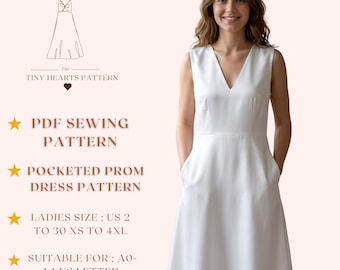 Puede incluir: Un vestido de fiesta blanco sin mangas con cuello en V y bolsillos. La imagen incluye el texto "PDF Sewing Pattern", "Pocketed Prom Dress Pattern" y "Ladies Size; US 2 to 30 XS to 4XL". El patrón de vestido es adecuado para A0-A4 US Letter.