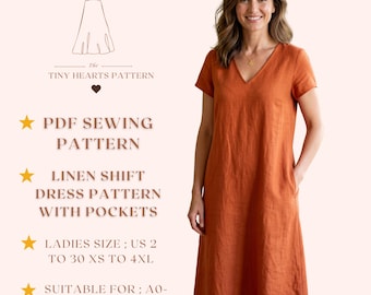 Puede incluir: Una mujer con un vestido camisero de lino color óxido con bolsillos. La imagen también presenta texto: "The Tiny Hearts Pattern", "PDF Sewing Pattern", "Linen Shift Dress Pattern with Pockets" y "Ladies Size; US 2 to 30 XS to 4XL."