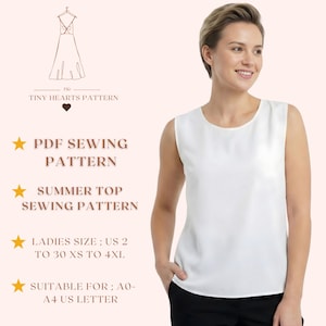Patrón de costura para blusa de verano, patrones de costura para blusa de mujer, tallas: US2-30 / PDF A0-A4-USLETTER /