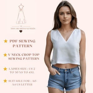 Padrão de costura de top curto com decote em V | Padrão de costura de top feminino | Padrão de blusa | Padrão de regata | Padrão de costura fácil A0 A4 Carta dos EUA EUA 2 a 30