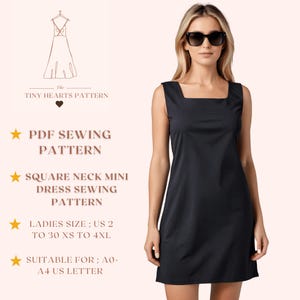 Patrón de costura de minivestido con escote cuadrado / Patrón de costura de vestido de mujer / Patrón de costura en PDF / Patrón de vestido de fiesta A0 A4 Carta de EE. UU. - EE. UU. 2 a 30