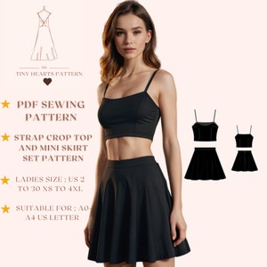 Correa crop top y mini falda set patrón, patrón de costura superior, patrón crop top, mini falda, mujer set patrón de costura A0 A4 US Letter-US 2 a 30