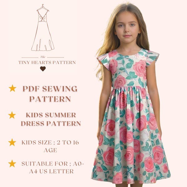 Kids Summer Dress Pattern, Girls Dress Sewing Patterns, Toddler Dresses, Size:2-16 Age | A0-A4-USLETTER |