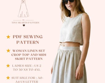 Woman Linen Crop Top Midi Skirt Sewing Pattern, Women Top Patterns, Size:US2-30 | A0-A4-USLETTER |