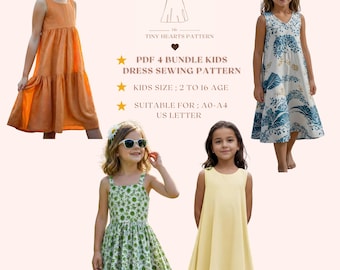 PDF Set Of 4 Kids Dress Pattern, Girls Dress Sewing Patterns, Size:2-16Age | A0-A4-USLETTER |
