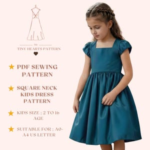 Square Neck Kids Dress Pattern, Girls Dress Sewing Patterns, Toddler Dresses, Size:2-16Age | A0-A4-USLETTER |