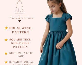 Square Neck Kids Dress Pattern, Girls Dress Sewing Patterns, Toddler Dresses, Size:2-16Age | A0-A4-USLETTER |