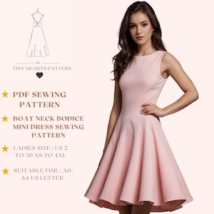 Patrón de costura de minivestido con escote barco, patrón de costura en PDF para vestidos, patrón de vestido de fiesta, adecuado para tallas A0, A4, EE. UU., carta 2 a 30, UE, XS a 4XL