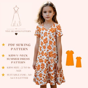 Patrón de vestido de verano con escote en V para niños, patrón de costura en PDF para vestido de niños hasta la rodilla, patrón de costura para vestido de niñas, vestido para niñas tamaño A0, A4, letra de EE. UU., 2 a 16 años