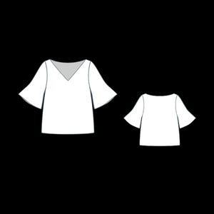 May include: Two white tops with flared sleeves. One top has a V-neck, and the other has a round neckline. Both tops are shown in a simple line drawing style against a black background.