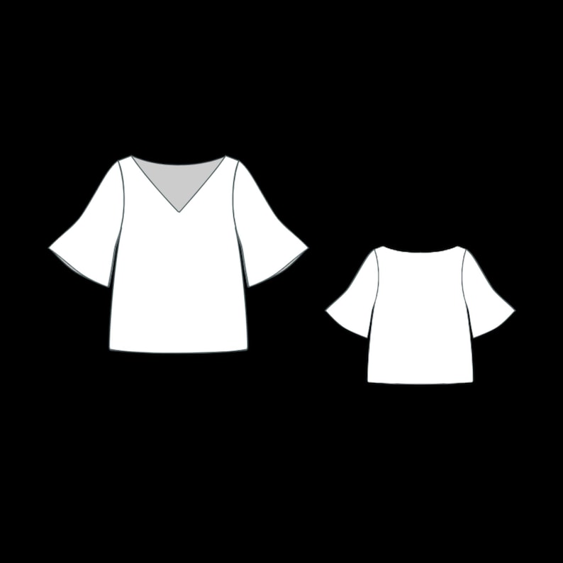 May include: Two white tops with flared sleeves. One top has a V-neck, and the other has a round neckline. Both tops are shown in a simple line drawing style against a black background.
