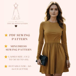 Mini Dress Sewing Pattern | Women Dress Sewing Pattern | Long Sleeve Dress | Prom Dress | Pdf Sewing Pattern | A0 A4 US Letter-US 2 to 30