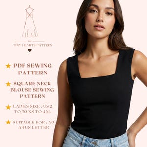 Patron de couture de chemisier à col carré, Modèles de débardeurs pour femme, Coupe slim, Taille : US2-30 | A0-A4-USLETTER |
