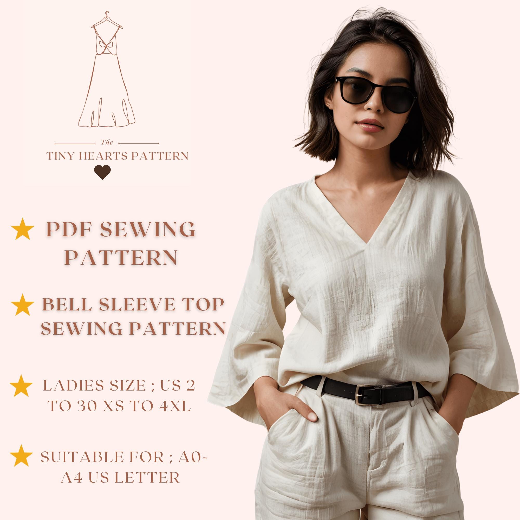 Bell Sleeve Top Sewing Pattern | Women Top Sewing Pattern | Blouse Sewing Pattern | Long Sleeve T-Shirt Pattern | A0 A4 US Letter US 2 to 30