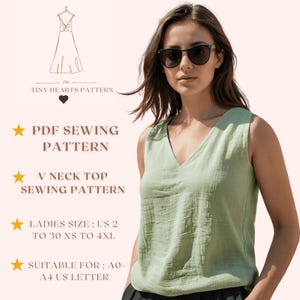 Patrón de costura de blusa con cuello en V / Patrón de costura para mujer / Patrón de blusa / Top corto de lino sin mangas / Patrón de costura fácil / A0 A4 Carta de EE. UU. 2 a 30