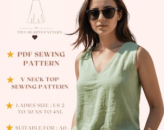 V Neck Top Sewing Pattern | Women Sewing Pattern | Blouse Pattern | Linen Crop Tank Top | Easy Sewing Pattern | A0 A4 US Letter US 2 to 30