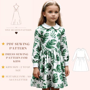 Patrón de costura de vestido para niños, patrón de costura de vestido para niñas, patrón de vestido para bebé, patrón de vestido para niña pequeña A0 A4 Carta de EE. UU. - Talla de niña 2 a 10 años