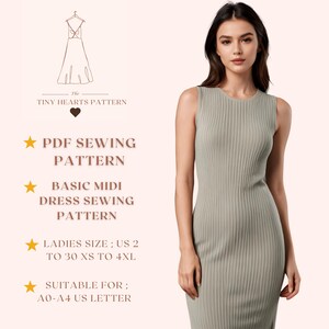 基本的なミディドレスの縫製パターン、女性用ドレスのパターン、Aラインドレス、サイズ：US2-30 | A0-A4-USLETTER |