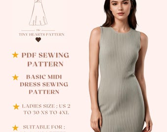 Basic Midi Dress Sewing Pattern, Women Dress Patterns, A-Line Dresses, Size:US2-30 | A0-A4-USLETTER |