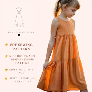 Schnittmuster für ein Sommerkleid mit hohem Bund für Kinder, Mädchenkleider, Größen: 2-16 Jahre | A0-A4-USLETTER |