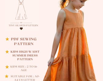 Kids High Waist Summer Dress Pattern, Girls Dress Sewing Patterns, Size:2-16 Age | A0-A4-USLETTER |