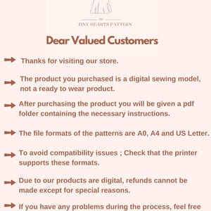 以下が含まれることがあります： The Tiny Hearts Patternのクリーム色のグラフィック。テキスト「親愛なるお客様」は、デジタルソーイングパターン、ファイル形式、および払い戻しポリシーに関する情報を提供しています。