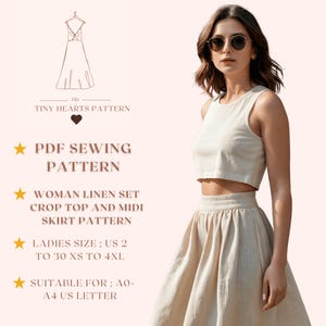 Patrón de falda midi y top corto de lino para mujer, falda de lino de verano, top corto de verano, patrón de costura de conjunto de mujer en PDF A0, A4, letra de EE. UU.: tallas 2 a 30 de EE. UU.