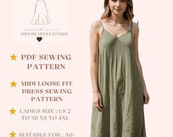 Midi Loose Fit Dress Sewing Pattern, Women Sewing Patterns, Fall Dresses, Size:US2-30 | A0-A4-USLETTER |