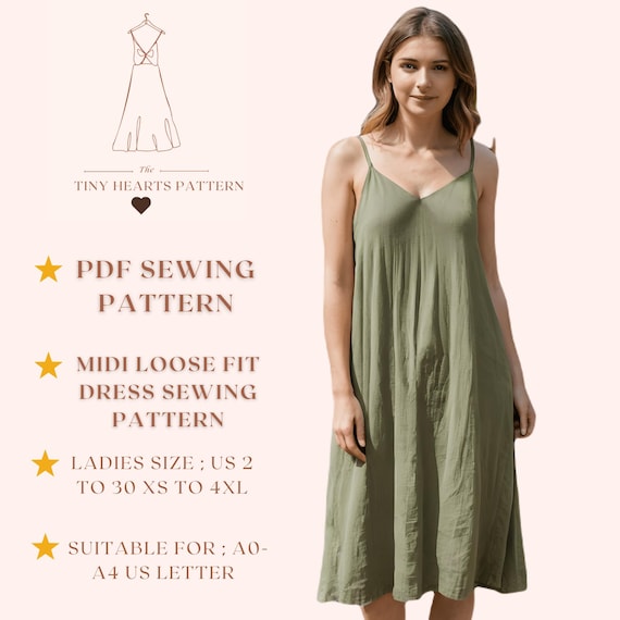 Midi Loose Fit Dress Sewing Pattern, Women Sewing Patterns, Fall Dresses,  Size:US2-30 | A0-A4-USLETTER |