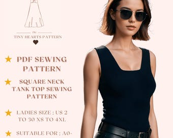Square Neck Tank Top Sewing Pattern | Women Top Sewing Pattern | Crop Top Pattern | Easy Sewing PDF Pattern A0,A4,US Letter US 2 to 30