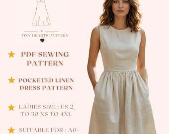 Pocketed Linen Dress Pattern, Women Dress Sewing Patterns, Summer Dresses, Size:US2-30 | A0-A4-USLETTER |
