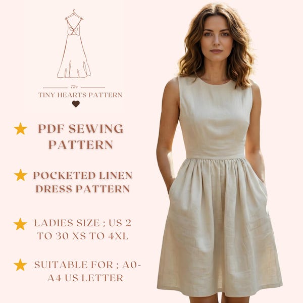 Pocketed Linen Dress Pattern, Women Dress Sewing Patterns, Summer Dresses, Size:US2-30 | A0-A4-USLETTER |